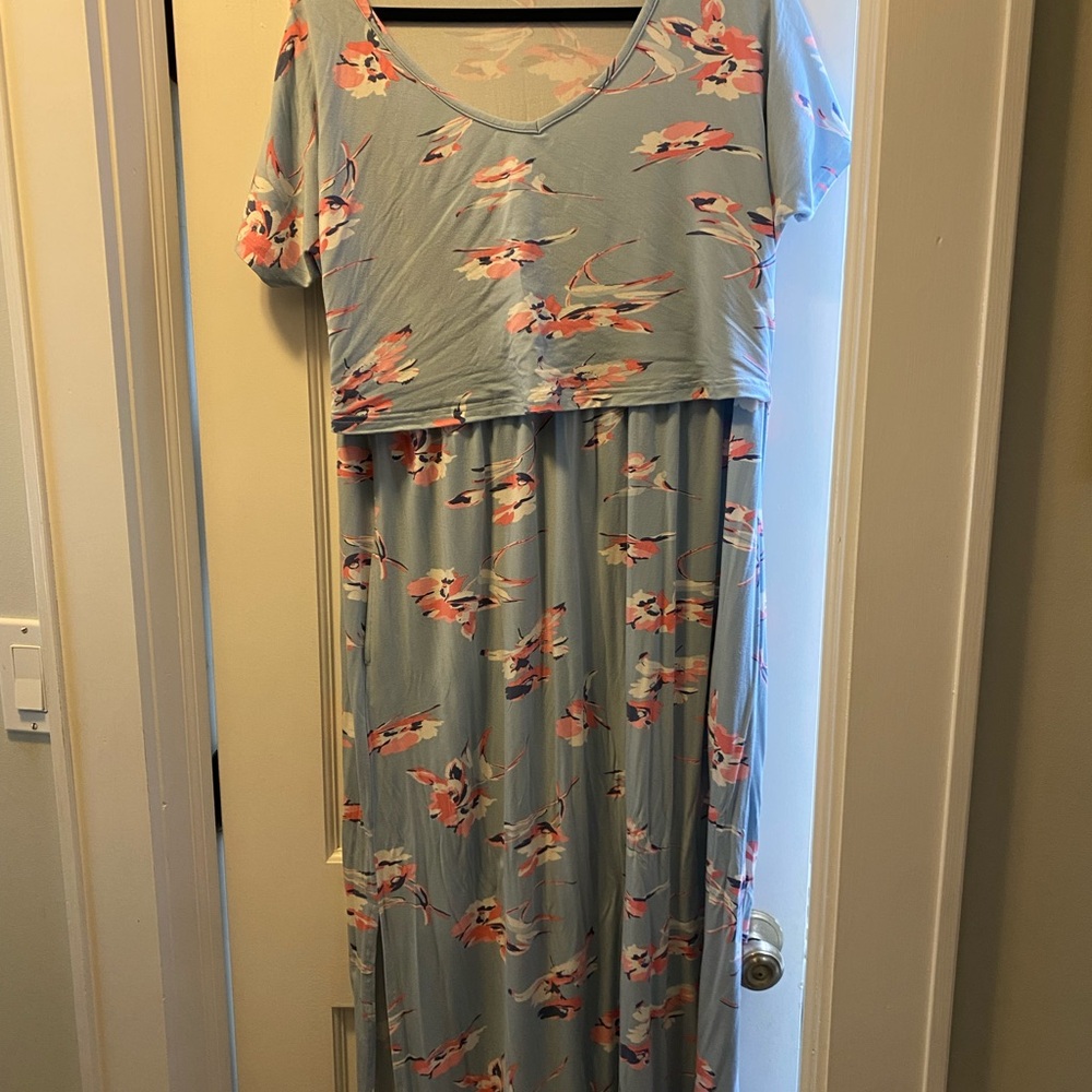 Floral Nursing Maxi Dress in Blue and Pink